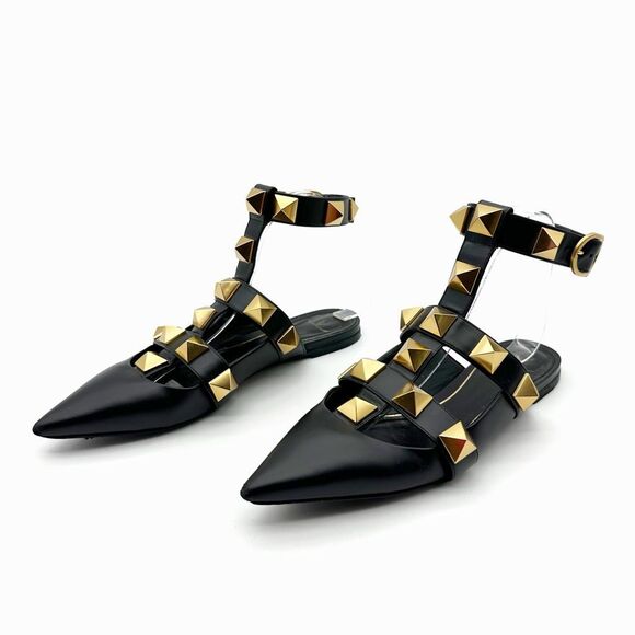 VALENTINO Roman Rockstud Black Gold Cage Flat 38.5 Pointed Toe Leather Gladiator - Picture 1 of 15